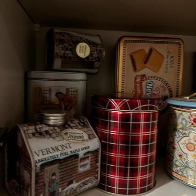 2 Shelves of Decorative Collectible Tins