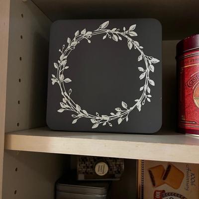 2 Shelves of Decorative Collectible Tins
