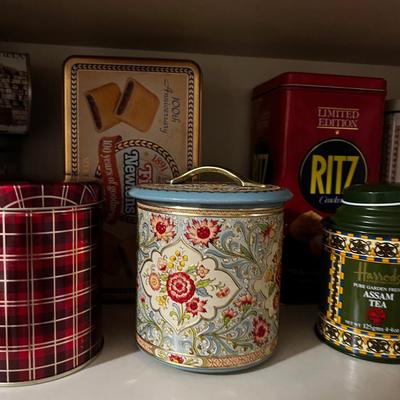 2 Shelves of Decorative Collectible Tins
