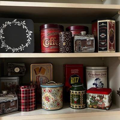 2 Shelves of Decorative Collectible Tins