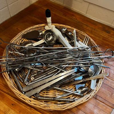 Mixed Tray of Utensil; Spoons, Knives, Skewers, Etc.