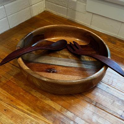 Wood Salad Bowl with Utensils 
