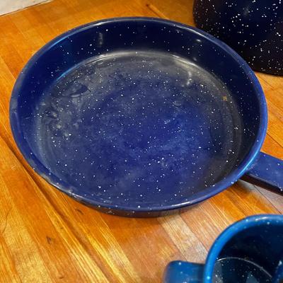 Blue Granite Ware: Bowl, Stock Pot, Fry Pan, Spoons