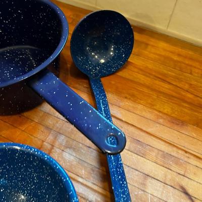 Blue Granite Ware: Bowl, Stock Pot, Fry Pan, Spoons
