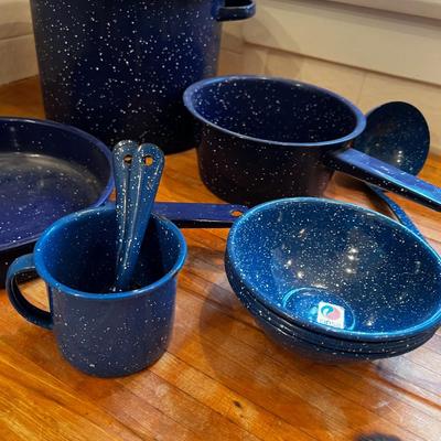 Blue Granite Ware: Bowl, Stock Pot, Fry Pan, Spoons