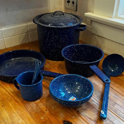 Blue Granite Ware: Bowl, Stock Pot, Fry Pan, Spoons