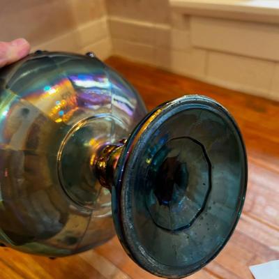 Blue Iridescent Dish on Pedestal 