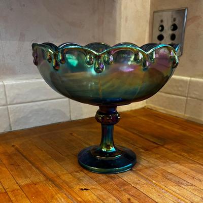 Blue Iridescent Dish on Pedestal 
