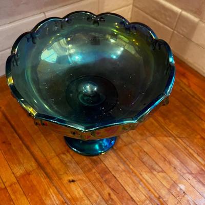 Blue Iridescent Dish on Pedestal 
