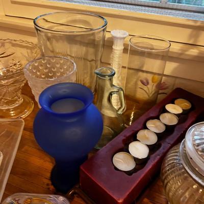 Collection Glass Ware and Decorative Items, plus tiered Plates on stand