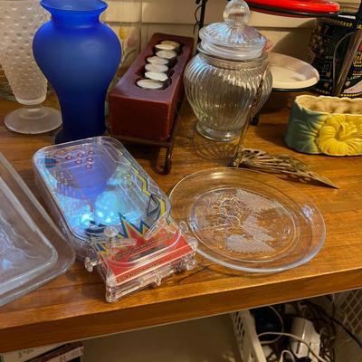 Collection Glass Ware and Decorative Items, plus tiered Plates on stand