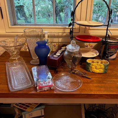 Collection Glass Ware and Decorative Items, plus tiered Plates on stand
