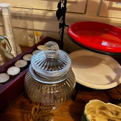 Collection Glass Ware and Decorative Items, plus tiered Plates on stand