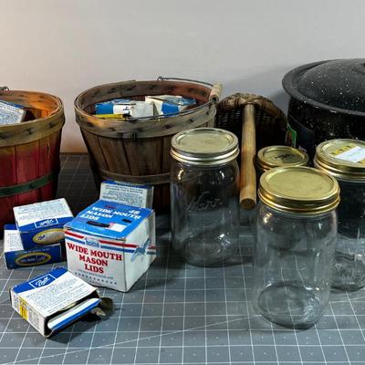 Canning Supplies Pot, Gathering Basket, Lids Galore, Wax etc. 