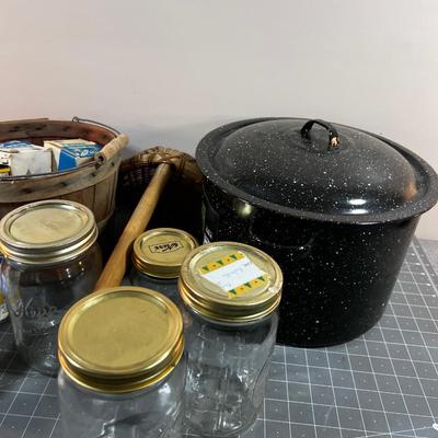 Canning Supplies Pot, Gathering Basket, Lids Galore, Wax etc. 