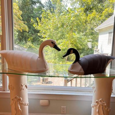 2 Lg. Vintage Canvas Decoys Sculptures Goose Swan Signed