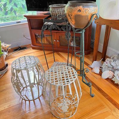 Lot Vintage Metal Plant Stands w Planters