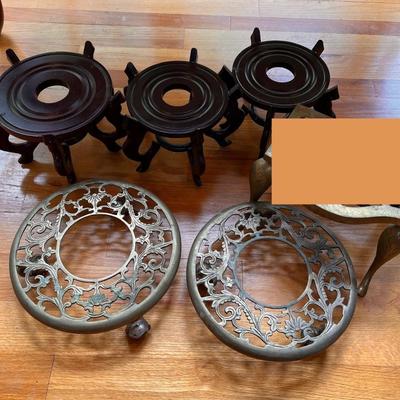 Lot Wood Brass Plant Stands Rollers
