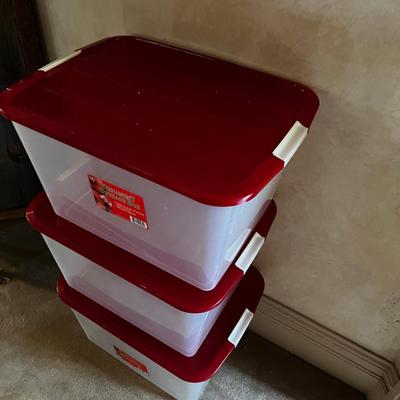 UP -- 3 Clear Storage Tubs with Red Lids for the Decorations 