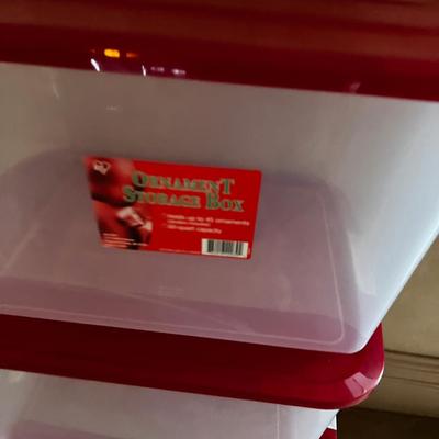 UP -- 3 Clear Storage Tubs with Red Lids for the Decorations 