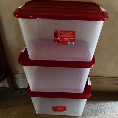 UP -- 3 Clear Storage Tubs with Red Lids for the Decorations 