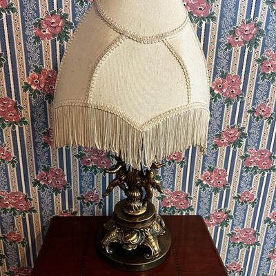 UP -- Metal Cherub Lamp with Fringe Shade