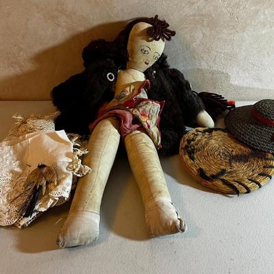 UP -- Antique Doll with Real Fur Coat, HAND CRAFTED