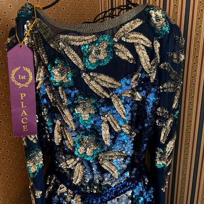 UP -- AWE! FIRST PLACE Sequined Dress on Dress Form with 1st Place Ribbon! 