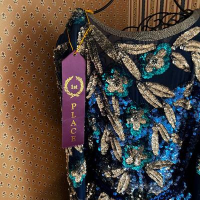 UP -- AWE! FIRST PLACE Sequined Dress on Dress Form with 1st Place Ribbon! 