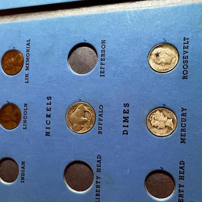 UP -- US Coin Book with Collectible Coins: Liberty Standing, Buffalo Nickle, Mercury Dime Plus More
