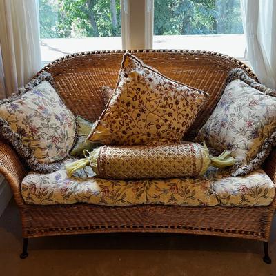 UP -- Wicker Love Seat with Iron Frame and LOTS of Pillows to match.