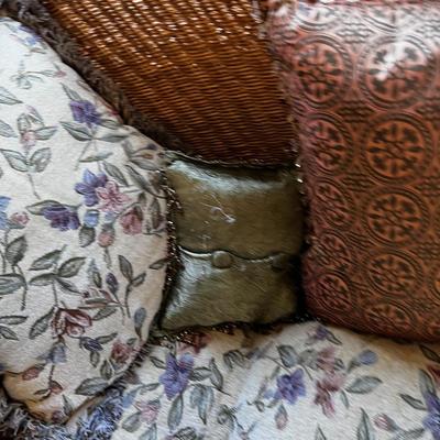 UP -- Wicker Love Seat with Iron Frame and LOTS of Pillows to match.