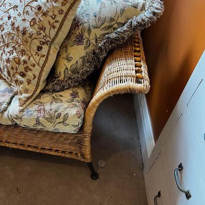UP -- Wicker Love Seat with Iron Frame and LOTS of Pillows to match.