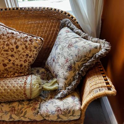 UP -- Wicker Love Seat with Iron Frame and LOTS of Pillows to match.