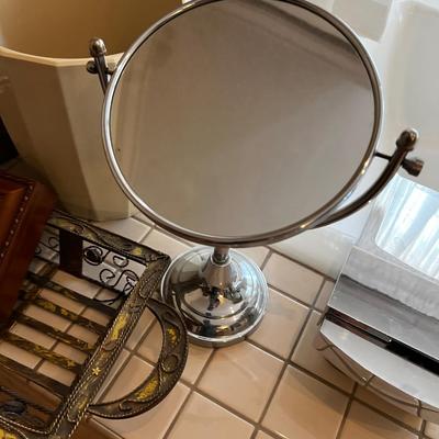 UP -- Bathroom Stuff: Mirror, TP Holder, Waste Basket, Box. 