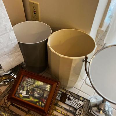 UP -- Bathroom Stuff: Mirror, TP Holder, Waste Basket, Box. 