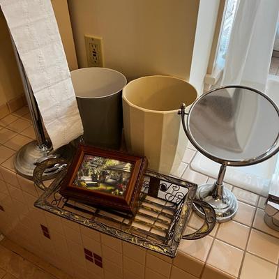 UP -- Bathroom Stuff: Mirror, TP Holder, Waste Basket, Box. 