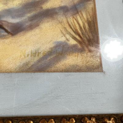 Antique Water Color Framed, Winter Trees and a Bridge, Faint Signature