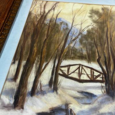 Antique Water Color Framed, Winter Trees and a Bridge, Faint Signature