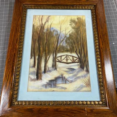 Antique Water Color Framed, Winter Trees and a Bridge, Faint Signature