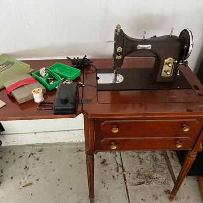 GARAGE -- OLD Sewing Machine with Cabinets and parts. 