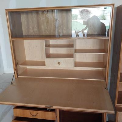 MID-CENTURY WALL UNIT W/SECRETARY, GLASS DISPLAY, DOVETAILED DRAWERS AND CABINET