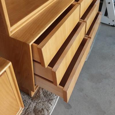 MID-CENTURY WALL UNIT WITH 6 DOVETAILED DRAWERS, OPEN SHELVING AND SHELVES BEHIND A CABINET DOOR