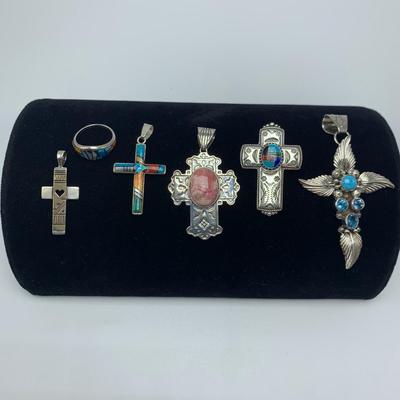 Southwest Style 925 & 14K Cross Pendants & Ring with Opal & Turquoise (B3-HS)