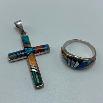 Southwest Style 925 & 14K Cross Pendants & Ring with Opal & Turquoise (B3-HS)