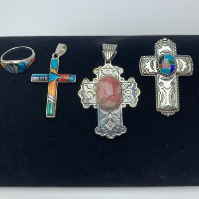 Southwest Style 925 & 14K Cross Pendants & Ring with Opal & Turquoise (B3-HS)