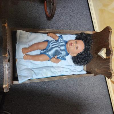 Doll, crib, and carriage