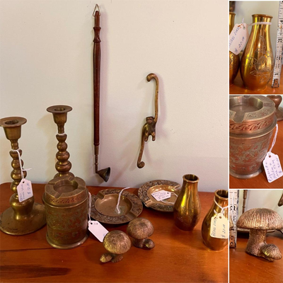 Antique Vintage Brass Lot - Vases, Plates, Candle Holders, Monkey Hook