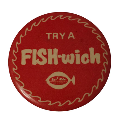 vintage button pin advertising blue water