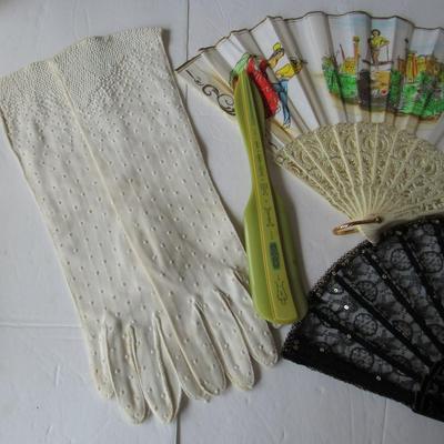 Lot 118:  Vintage Ladies Lot, Fans, Shoe Horn, Gloves